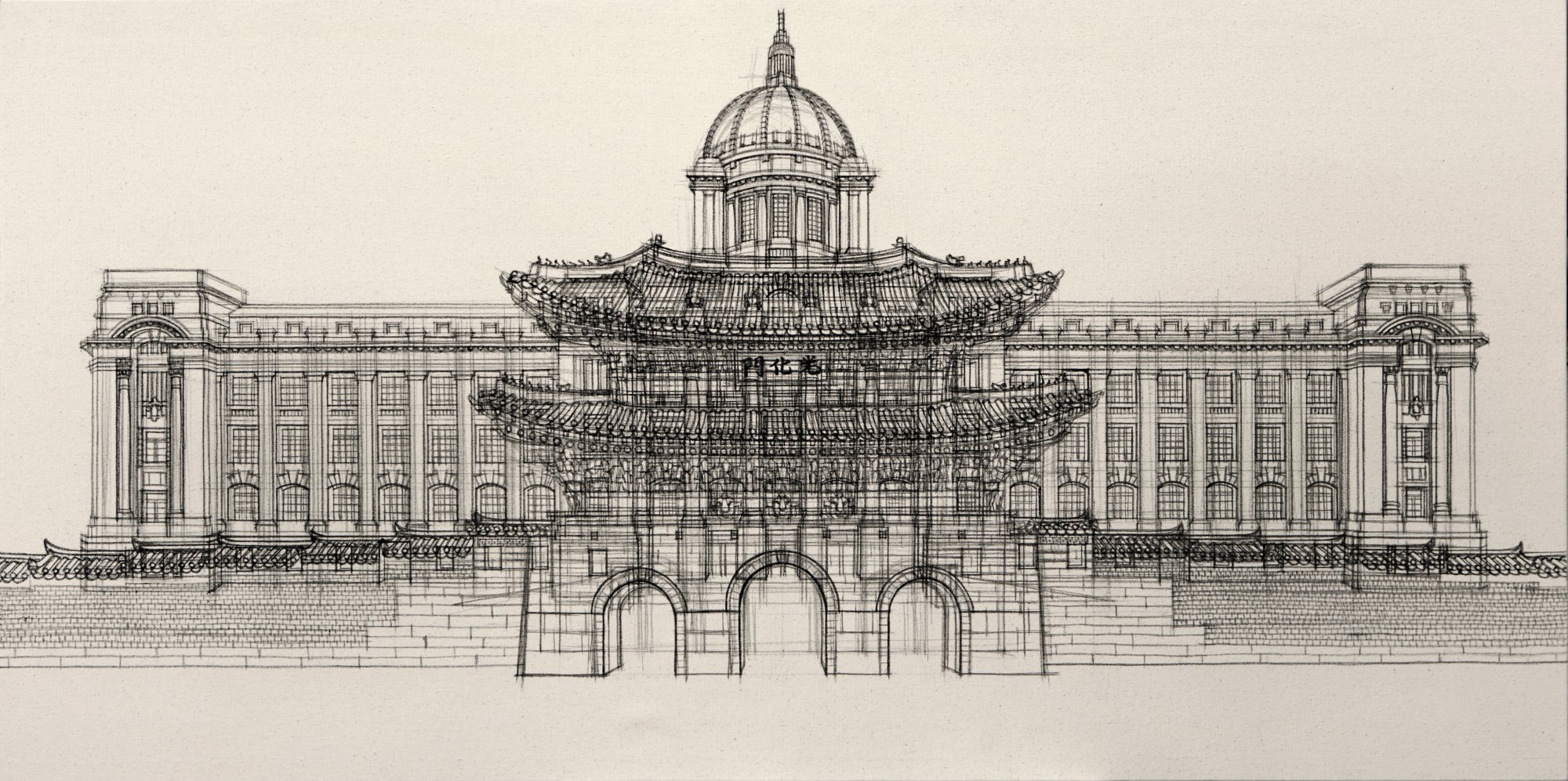 기념비_광화문 monument-Gwanghwamun, 2017, 캔버스천에 수묵 Korean ink on Canvas, 81x162cm, 2017