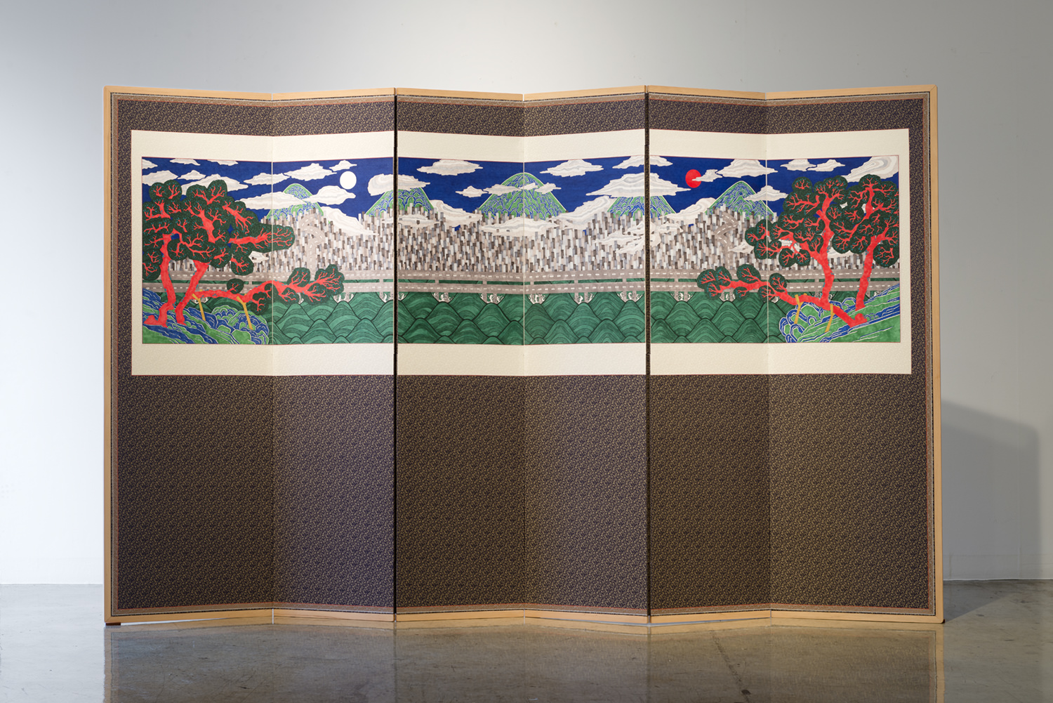 일월오봉아파트고속도로도 Six-panel Folding Screen of the Moon, Sun, Five Peaks, Apartments and Motorways, 2017, 종이에 펜, 병풍, 155.5×257cm