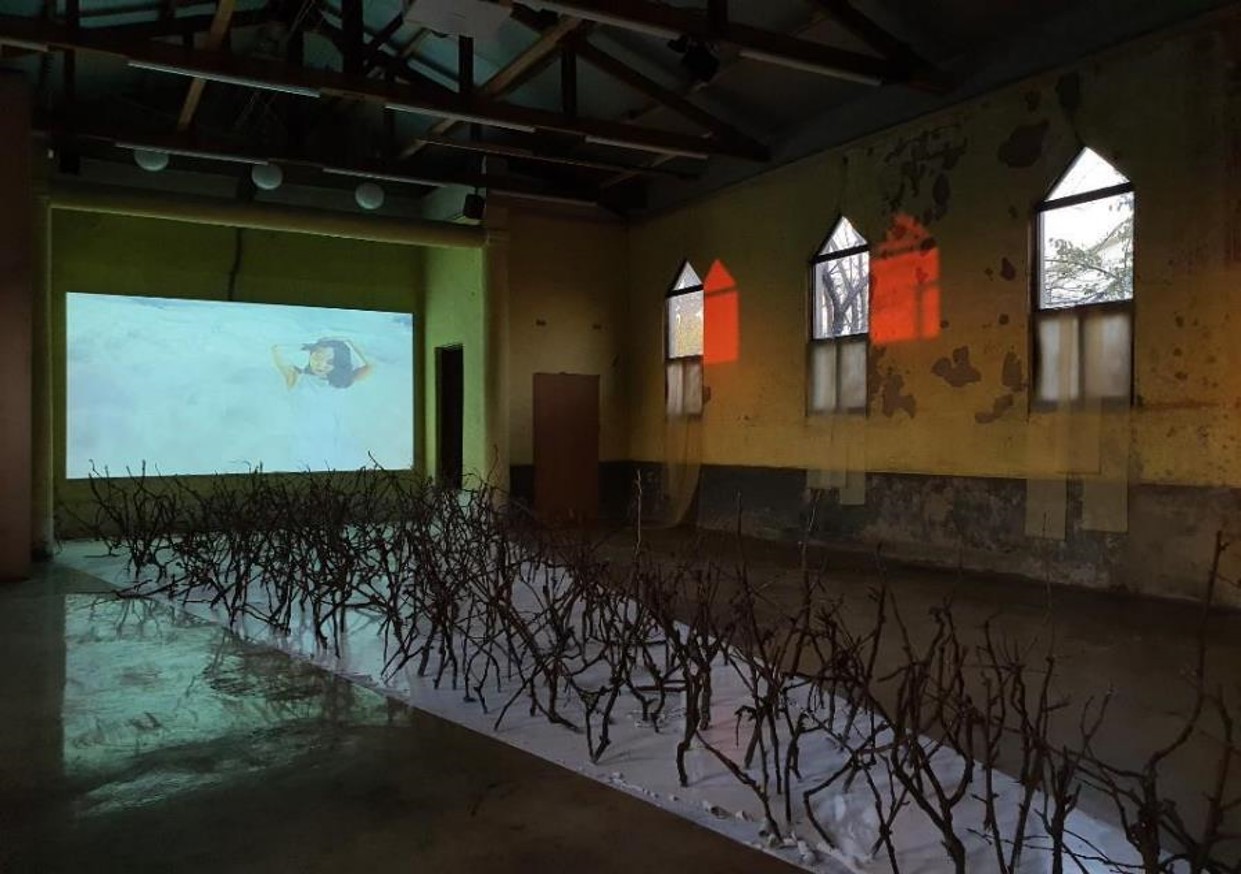 붉은 땅 하얀기, 플라타너스 나무, 흙, 영상loop, 공간 가변설치, 2020