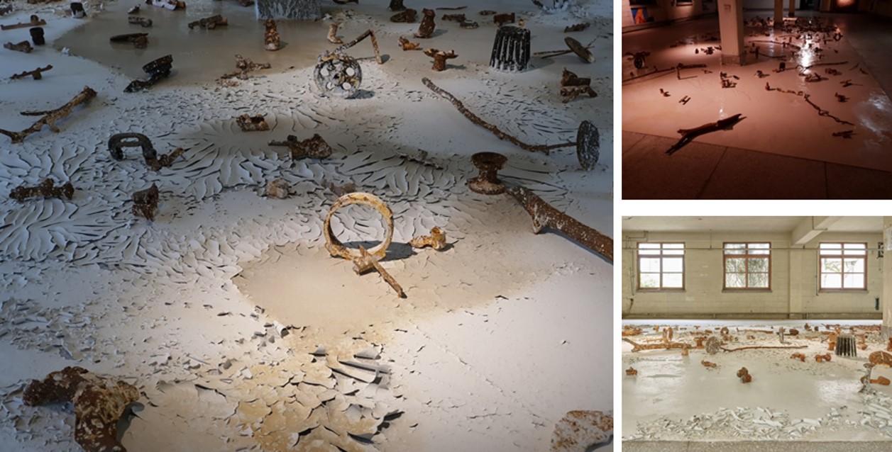 <아무도 모르는 일 0518 On ne sait jamanis 0518>, 철 주물, 흙, 2021, 광주비엔날레 특별전 (구) 국군광주병원 설치