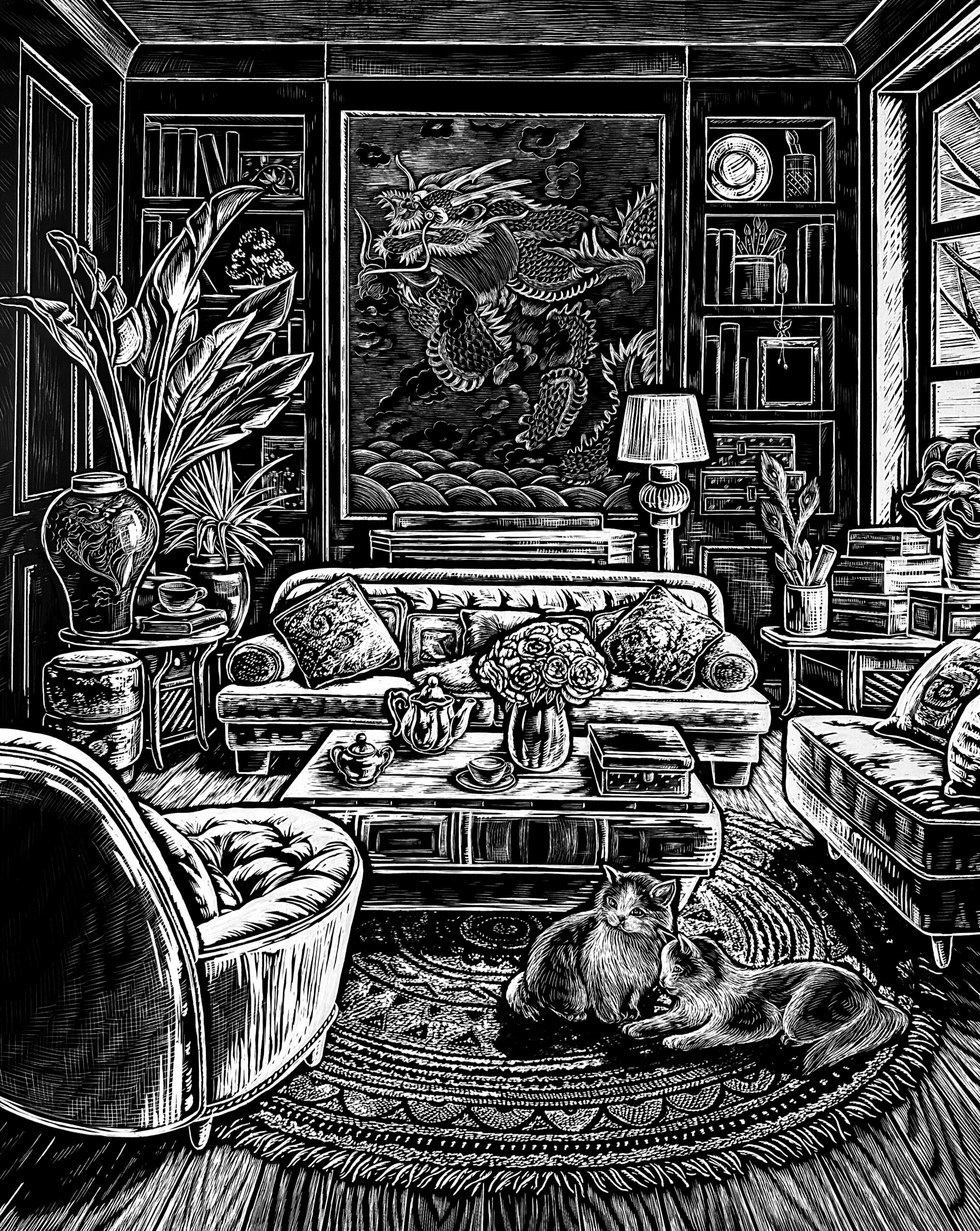 아침을 여는 빛 The Light That Opens the Morning, 2024, Scratch on Board 55×71cm